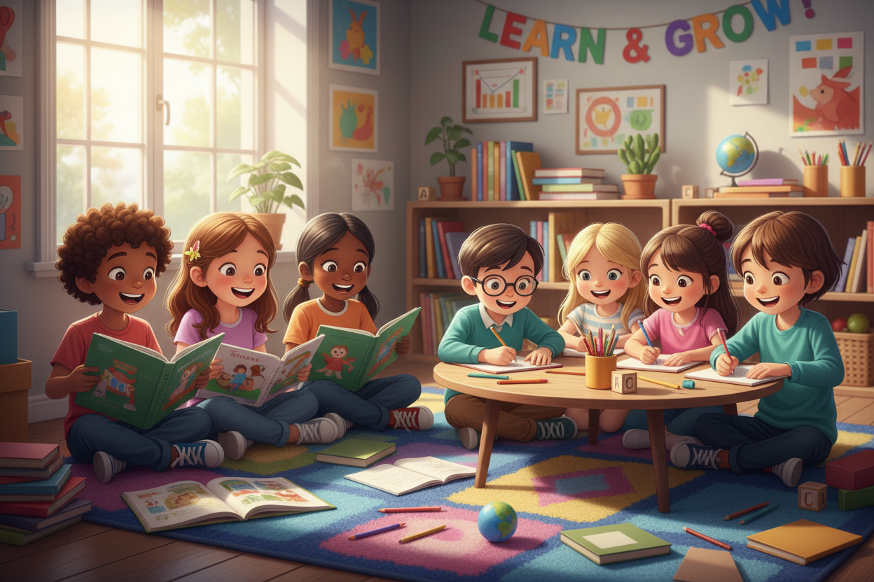 Children having fun while writing and reading